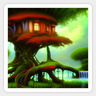 Tree House Portrait in Red Color, Greenery Outside, Landscape Painting Magnet